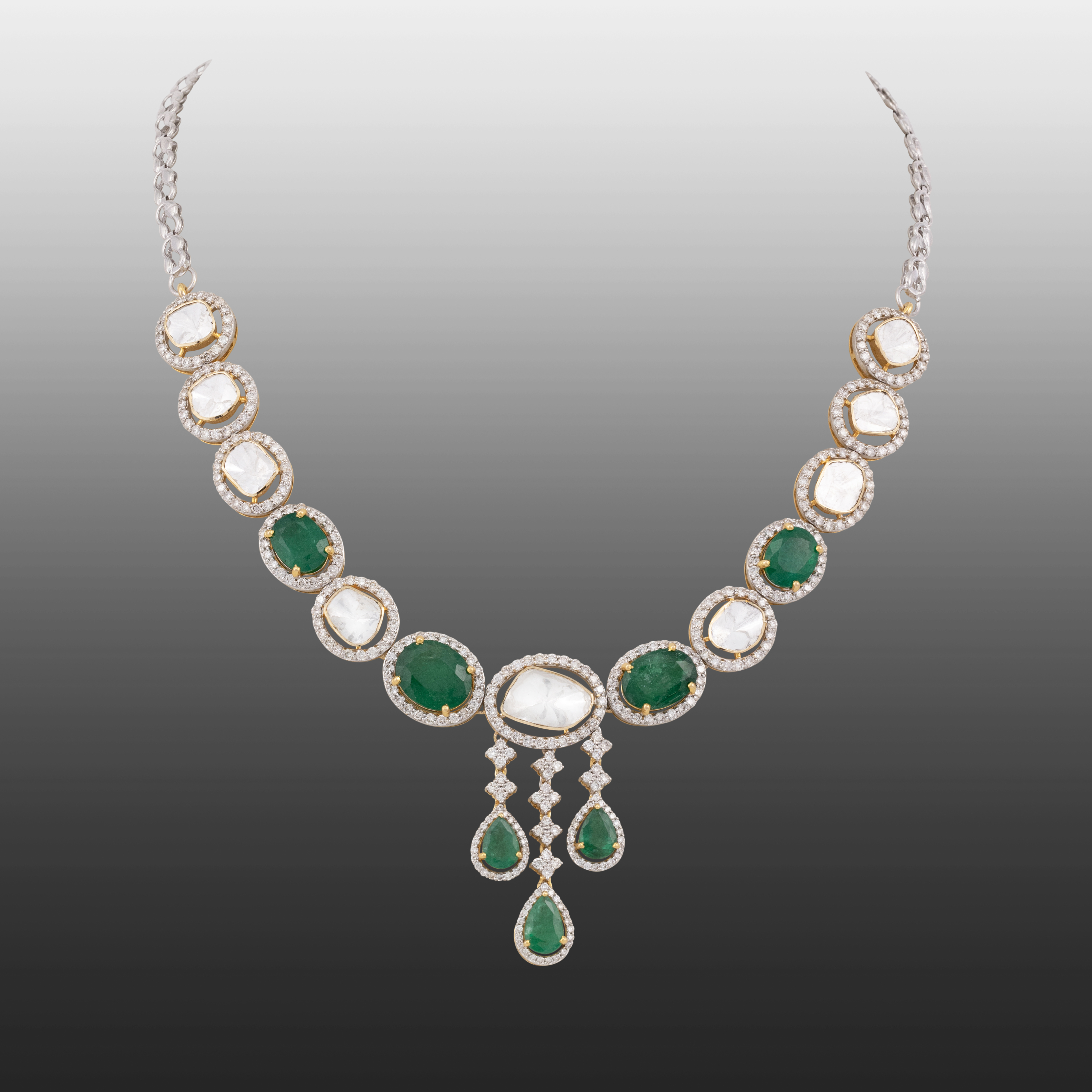 Polki and Zambian Emerald Necklace with Cascading Drops